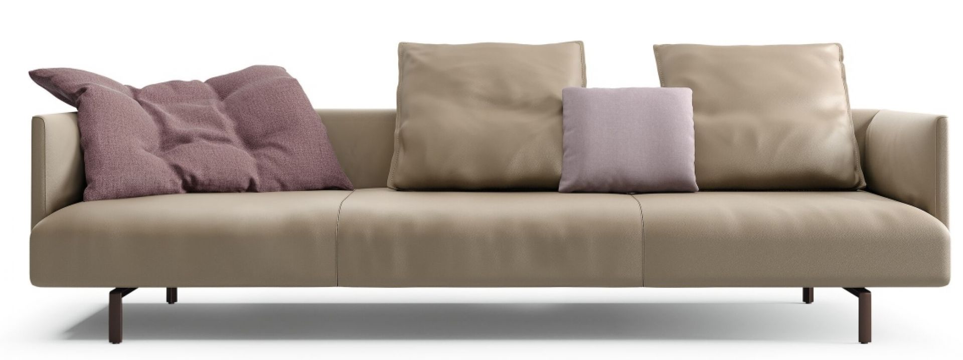 Muud Walter Knoll Sofa, freistehend, beige Leder, mit Kissen in Lila- und Beigetönen.